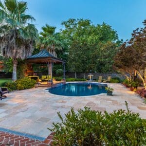 A pool surrounded by trees and bushes.